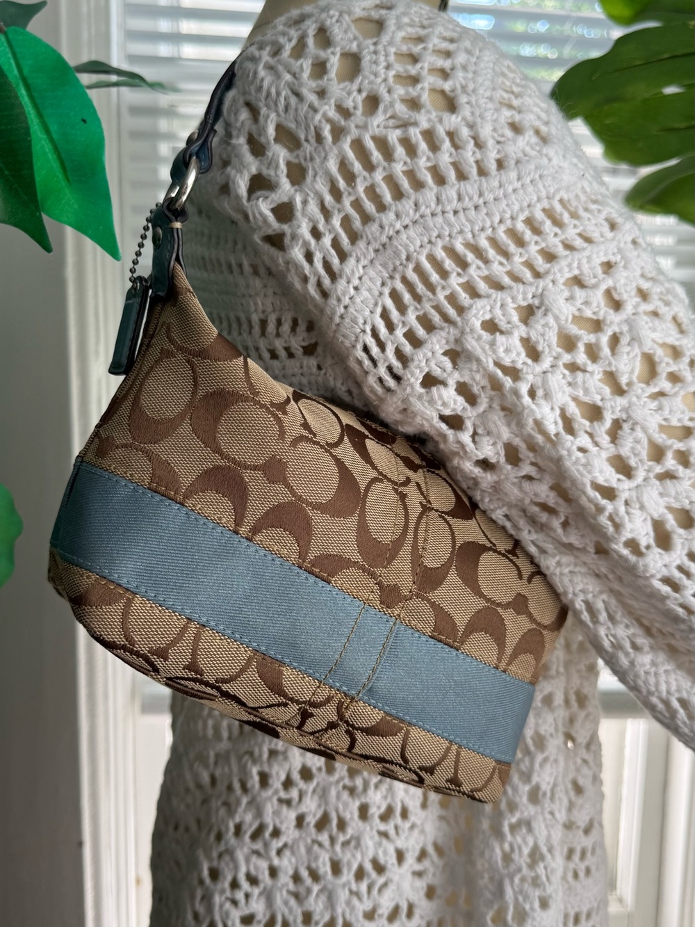 Coach Khaki Signature Canvas Wristlet with Blue Trim